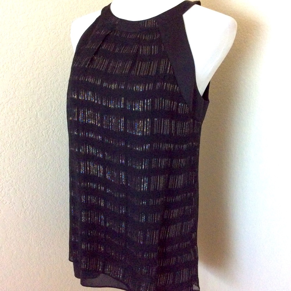Silk top White House Bl Market Tunic silk top halter style black gold metallic - Picture 2 of 6